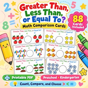 Könnte beinhalten: Ein Set aus 88 Mathe-Vergleichskarten mit dem Text Greater Than, Less Than, or Equal To. Jede Karte zeigt Illustrationen von Äpfeln, Sternen, Regenschirmen, Fischen, Pflanzen oder Fußbällen mit einem leeren Kreis für Vergleichssymbole.