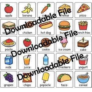 May include: A grid of illustrated food items, each in a square frame with a white background. The images include an apple, banana, carrot, cheese, pizza, sandwich, chicken, hot dog, burger, french fries, pasta, strawberry, cookie, ice cream, cake, milk, juice, water bottle, crackers, yogurt, grapes, chips, popsicle, taco, and cereal.