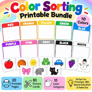 May include: A color sorting printable bundle featuring ten color-coded cards labeled red, orange, yellow, green, blue, purple, pink, gray, black, and white. Includes eighty picture cards of objects like an apple, sun, frog, and snowman, plus twenty printable pages and ten color categories.