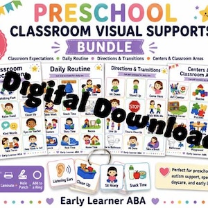 May include: A digital bundle of 48 printable preschool classroom visual support cards featuring colorful illustrations for classroom expectations, daily routines, directions, transitions, and centers. Includes instructional icons for printing.