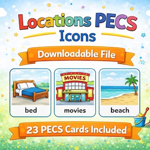 Pode incluir: Gráfico educativo colorido com o texto "Locations PECS Icons" e "Downloadable File". Inclui ilustrações de uma cama, um cinema e uma praia. O gráfico também diz "23 PECS Cards Included."