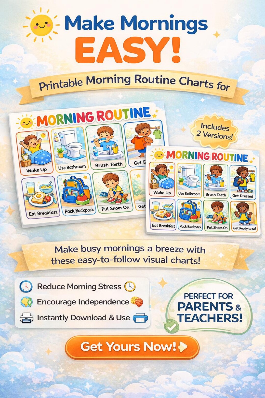 Kids Morning Routine Chart | Visual Schedule for Autism, ABA (instant ...