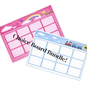 May include: Two colorful choice boards. One is pink with a rainbow, flowers, and butterflies. The other is blue with a train and a road sign. Each board has 10 rectangular boxes. The text "Choice Board Bundle!" is across the image.