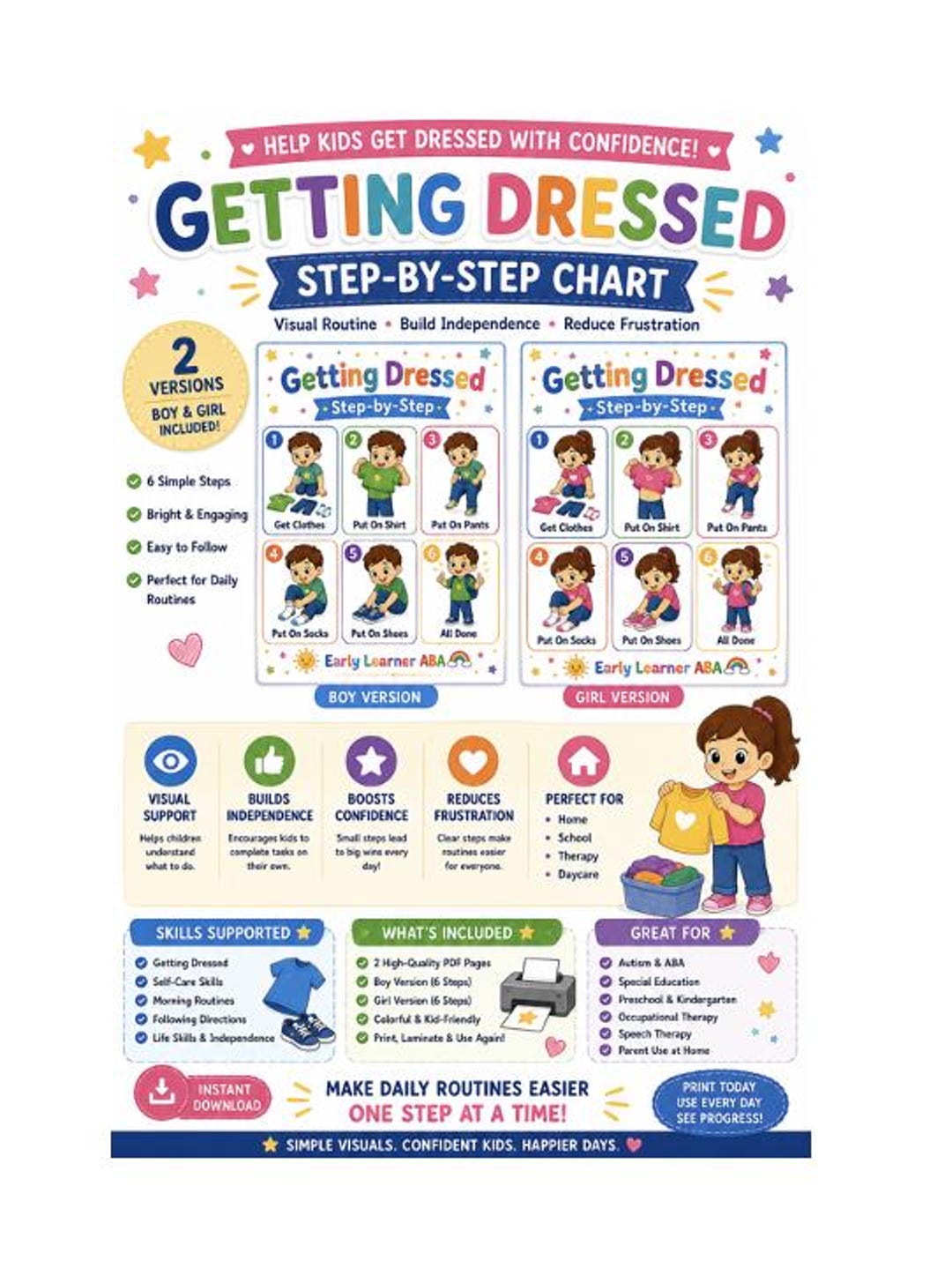 Getting Dressed Step-by-step Chart | Boy & Girl Visual Routine | Autism ...