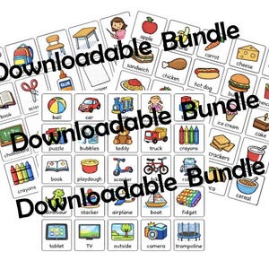 May include: A collection of illustrated flashcards featuring various objects and concepts, including food, school supplies, and toys. The words "Downloadable Bundle" are written across the image.