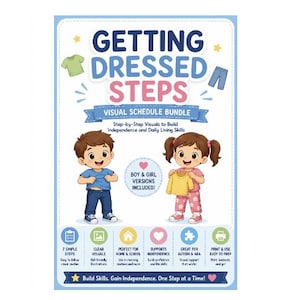 Può includere: Un poster con pacchetto di pianificazione visiva Getting Dressed Steps con illustrazioni di un bambino che indossa una maglietta blu e un altro che tiene una maglietta gialla. Il testo include Step-by-Step Visuals to Build Independence and Daily Living Skills, Boy & Girl Versions Included, e sei icone con etichette che descrivono le caratteristiche della risorsa educativa.