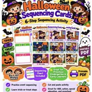以下が含まれることがあります： ハロウィーンのシーケンスカード、6ステップのシーケンスアクティビティの印刷可能なPDF。漫画の魔女、カボチャ、コウモリが描かれています。セットには、シーケンスチャートと、衣装を着たりお菓子をもらったりするトリック・オア・トリートの手順を示すカードが含まれています。