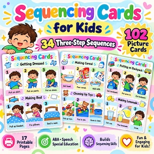 Puede incluir: Un conjunto de 102 tarjetas de secuenciación educativas para niños con 34 secuencias de tres pasos. Las tarjetas ilustran actividades diarias como vestirse, preparar cereales, hacer la cama, recoger juguetes, ponerse una mochila y preparar limonada.