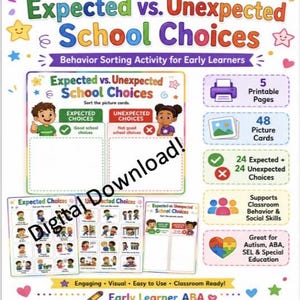 Peut inclure: Une activité de tri comportemental à télécharger intitulée Expected vs. Unexpected School Choices pour les jeunes apprenants. Comprend 5 pages imprimables, 48 cartes illustrées et des tapis de tri avec des dessins d'enfants et de situations scolaires.