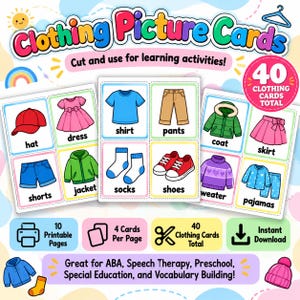 Puede incluir: Un conjunto de 40 tarjetas ilustradas imprimibles sobre ropa con dibujos coloridos como un sombrero rojo, vestido rosa, camisa azul, pantalones marrones, abrigo verde y suéter morado, cada una con el nombre del artículo escrito en negro.