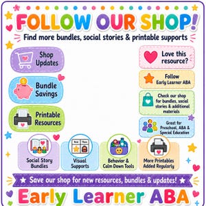 Puede incluir: Un gr&aacute;fico informativo colorido titulado FOLLOW OUR SHOP! con texto que promociona paquetes, historias sociales y apoyos imprimibles. Incluye iconos para actualizaciones, ahorros y el nombre Early Learner ABA en la parte inferior.