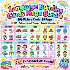 Può includere: Un set di carte didattiche Language Building Cards Mega Bundle con 396 immagini su 99 pagine. Il colorato kit educativo include categorie come animali, veicoli, cibo, giocattoli, abbigliamento, mobili, emozioni, scuola e igiene.