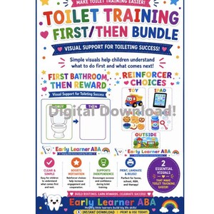 Puede incluir: Un póster educativo colorido titulado Toilet Training First/Then Bundle. Incluye texto, iconos y un horario visual para rutinas de baño, con secciones para opciones de recompensa como juguetes y bocadillos. El diseño incluye el texto Digital Download.