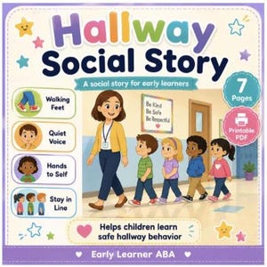 Può includere: Una risorsa educativa digitale intitolata Hallway Social Story con un'illustrazione di un adulto e quattro bambini che camminano in un corridoio scolastico. La grafica include icone per camminare, voce bassa, mani a posto e stare in fila.