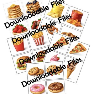 Op de afbeelding: Een verzameling geïllustreerde voedselitems op witte vierkanten, waaronder pannenkoeken, friet, aardbeien, pizza, hamburgers, koekjes, donuts en ijs. De tekst "Downloadable Files" is over de afbeelding geplaatst.