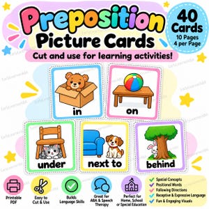 May include: Educational set of 40 preposition picture cards featuring colourful illustrations of a bear in a box, a ball on a table, a cat under a chair, a dog next to a sofa, and a rabbit behind a tree, with text labels for each spatial concept.