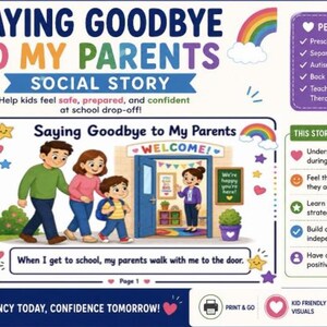 Puede incluir: Un documento PDF de 6 páginas titulado Saying Goodbye to My Parents. La imagen muestra a una familia caminando hacia la puerta de una escuela donde espera una maestra. El texto incluye Help kids feel safe, prepared, and confident.
