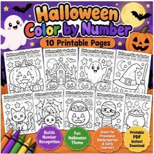 Pode incluir: Um conjunto de 10 páginas imprimíveis de colorir por números de Halloween com desenhos de linhas a preto e branco de uma abóbora, casa assombrada, fantasma, chapéu de bruxa, gato, aranha, balde de doces, múmia e um caldeirão.