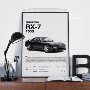 Peut inclure: Une affiche encadrée présentant une illustration de voiture Mazda RX-7 FD3S noire, des spécifications techniques et un texte descriptif. L'impression inclut le logo Mazda, les détails du moteur, l'année 1997 et des mesures de performance.
