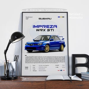 Könnte beinhalten: Ein gerahmtes Poster mit einem blauen Subaru Impreza WRX STI mit goldenen Felgen. Der Text enthält 'SUBARU IMPREZA WRX STI', technische Daten und einen Absatz über das Modell 2006. Das Design umfasst kleine Farbfelder am oberen Rand.