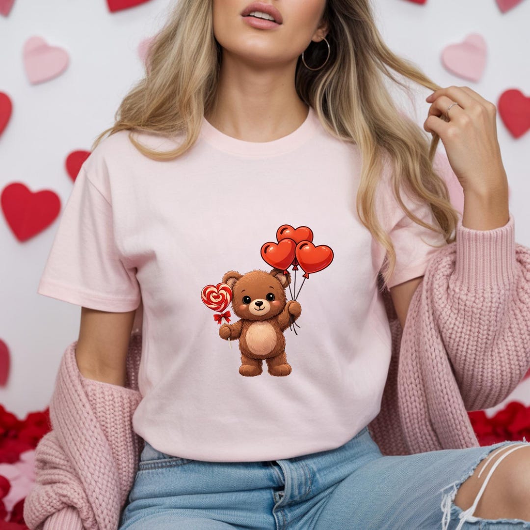 Cute Valentine’s Day Teddy Bear Shirt – Heart Balloon & Lollipop ...