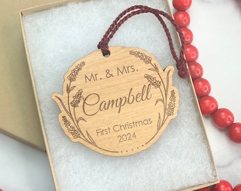 Custom First Married Christmas Ornament - Lavender Wreath - Add Engraving or Gift Card Holder to Back - Laser Engraved Wood - Wedding Gift