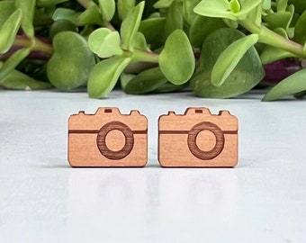 Vintage Camera Earrings - Laser Engraved on Alder Wood - Titanium Post Stud Earring Pair