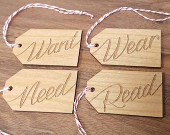 Simple Alder Wood Gift Tags - Wear Need Want Read - Set of 4 - Minimalist Gift Tags