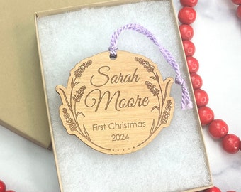 Custom Baby First Christmas Ornament - Lavender Wreath - Add Engraving or Gift Card Holder to Back - Laser Engraved Wood