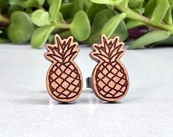 Pineapple Earrings - Laser Engraved Wood - Titanium Stud Post Earring Pair - Food Earrings