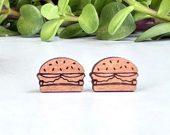 Hamburger Earrings - Laser Engraved Wood - Titanium Stud Post Earring Pair