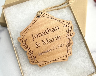 Wedding Favor Ornament - Custom Engraved Wood - Rustic Wedding - Christmas Ornament - Engagement Wedding Anniversary - Our First Christmas