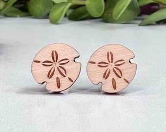 Sand Dollar Earrings - Laser Engraved Wood - Titanium Stud Post Earring Pair - Beach Earrings