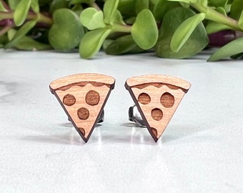Pizza Earrings - Laser Engraved Wood - Titanium Stud Post Earring Pair - Foodie Gift