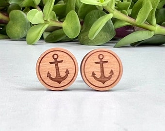 Anchor Earrings - Laser Engraved Alder Wood - Post Titanium Stud Earring - Sail Boat Nautical