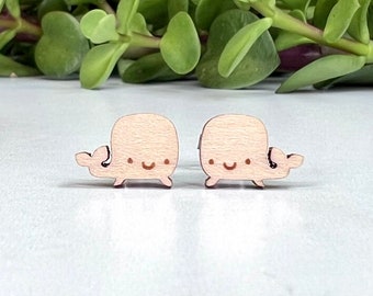 Cute Whale Earrings - Laser Engraved Wood - Titanium Stud Post Earring Pair - Beach Earrings