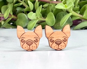 Frenchie French Bulldog Earrings - Laser Engraved Wood - Titanium Stud Post Earring Pair - Frenchie Dog Earrings