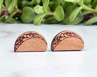 Taco Earrings - Laser Engraved Wood - Titanium Stud Post Earring Pair