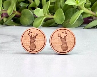 Buck Deer Earrings - Laser Engraved on Alder Wood - Titanium Post Stud Earring Pair Male Deer Antlers