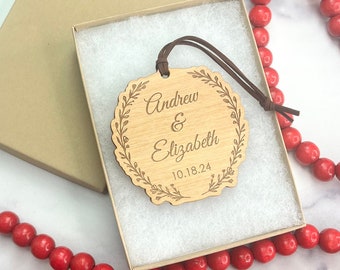 Custom Wedding Favor Christmas Ornament - Add Engraving or Gift Card Holder to Back - Laser Engraved Wood - Wedding Gift