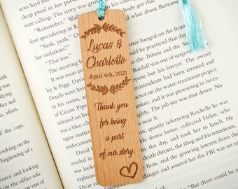 Wedding Favor Bookmarks - Custom Quote Alder Wood - Custom Engraved Wood - Rustic Wedding - Laurels with Heart