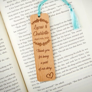 Wedding Favor Bookmarks - Custom Quote Alder Wood - Custom Engraved Wood - Rustic Wedding - Laurels with Heart
