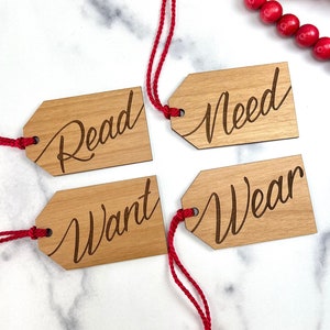 CUSTOM NAME Large Alder Simple Wood Gift Tags - Wear Need Want Read - Set of 4 - Minimalist Gift Tags