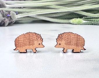 Hedgehog Earrings - Laser Engraved Wood - Titanium Stud Post Earring Pair