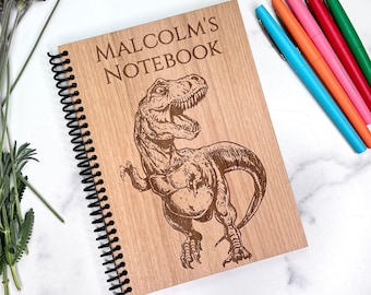 Custom Notebook - Dinosaur Diary - Laser Engraved Wood - Lined or Blank Pages - Personalized Journal