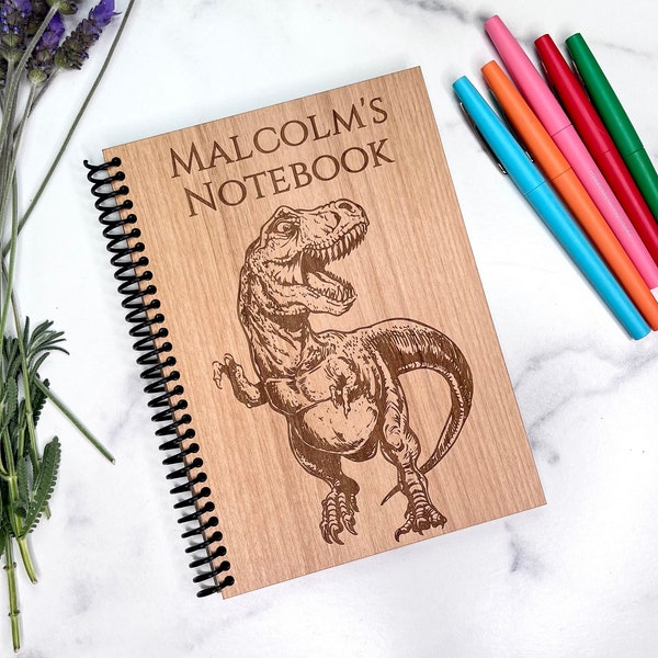 Custom Notebook - Dinosaur Diary - Laser Engraved Wood - Lined or Blank Pages - Personalized Journal