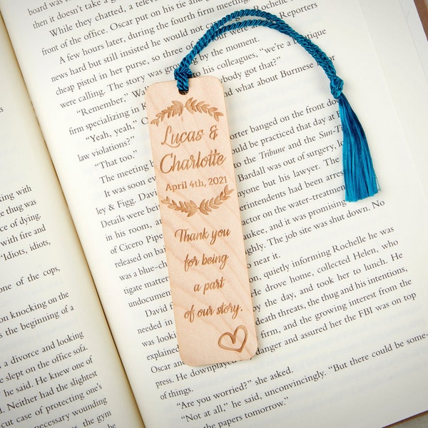 Wedding Favor Bookmarks - Custom Quote Maple Wood - Custom Engraved Wood - Rustic Wedding - Laurels with Heart