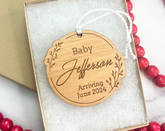 Custom Baby Announcement Christmas Ornament - Add Engraving or Gift Card Holder to Back - Laser Engraved Wood