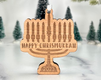 CUSTOM Happy Chrismukkah Ornament - Christmas Tree Ornament - Personalization Available - Add Gift Card Holder - Happy Hanukkah Menorah