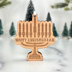 CUSTOM Happy Chrismukkah Ornament Christmas Tree Ornament Personalization Available Add Gift Card Holder Happy Hanukkah Menorah image 1